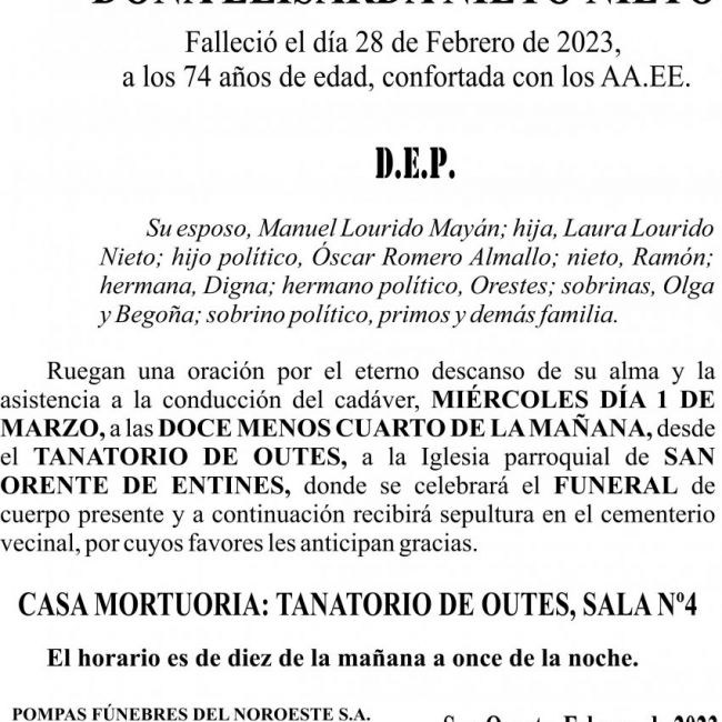 23 02  ESQUELA   Elisarda Nieto Nieto   San Orente