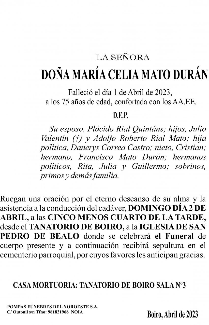 ESQUELA   María Celia Mato Durán