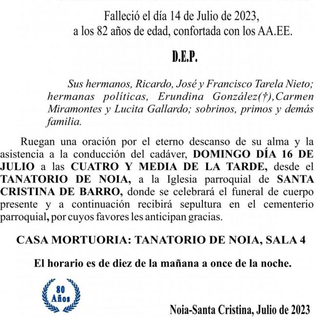 07 23 Esquela, Maria Dorinda Tarela Nieto