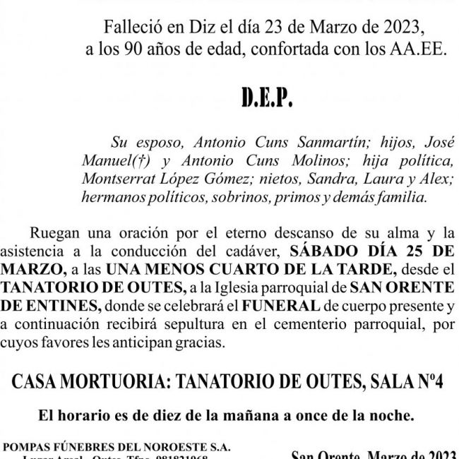 23 03  ESQUELA   Mª Dominga Molinos Caamaño   San Orente