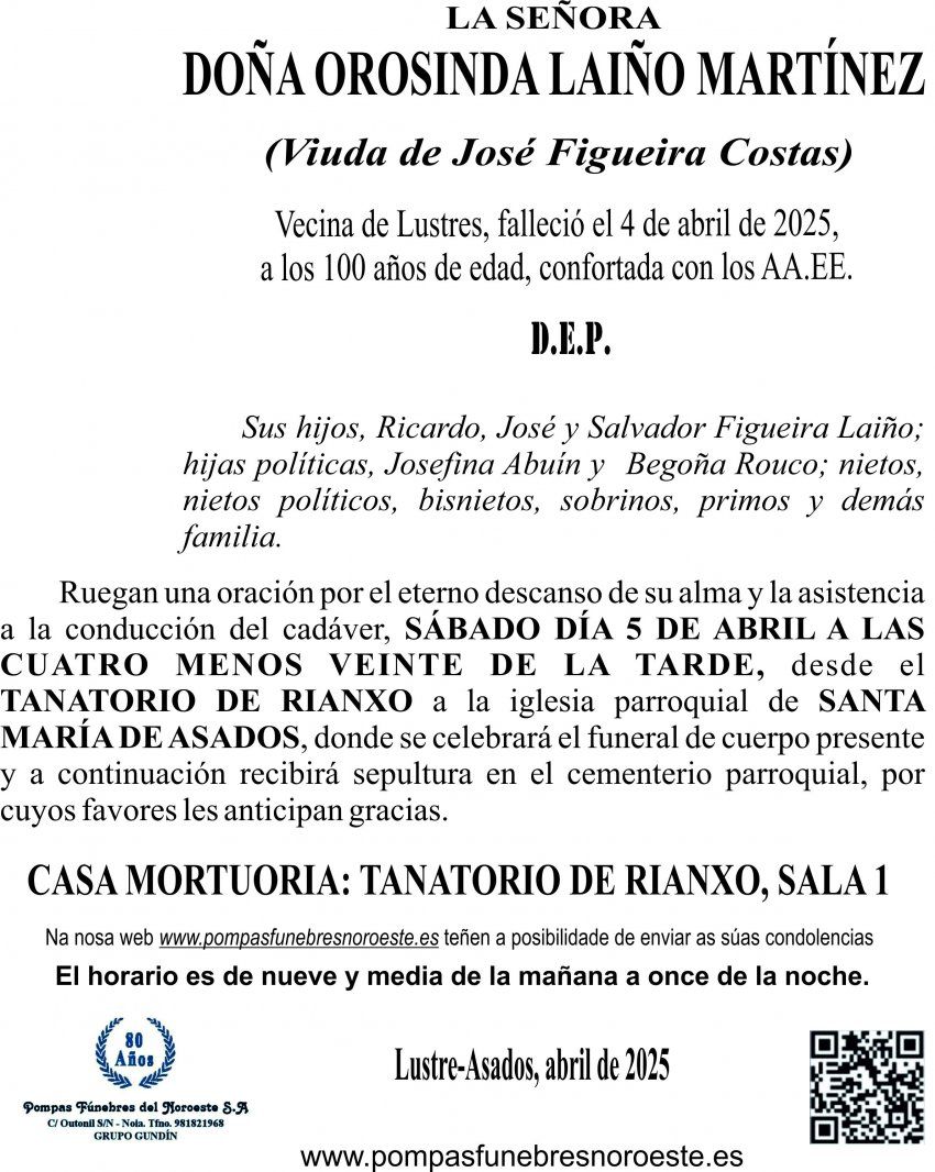 ESQUELA 2025   Doña OROSINDA LAIÑO MARTINEZ