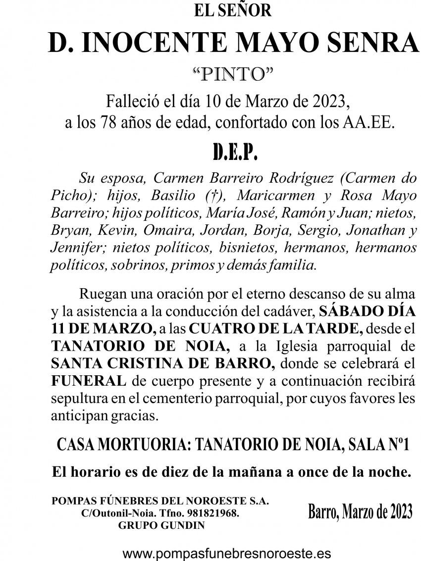 23 03 ESQUELA   Inocente Mayo Senra