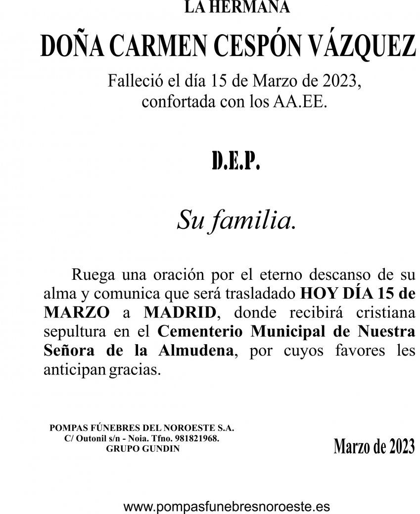 23 02  ESQUELA   Carmen Cespón Vázquez