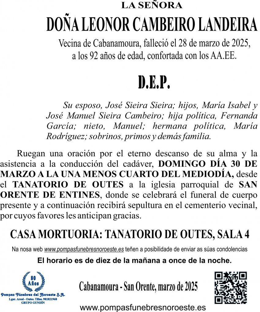 ESQUELA 2025   Doña Leonor Cambeiro Lestón