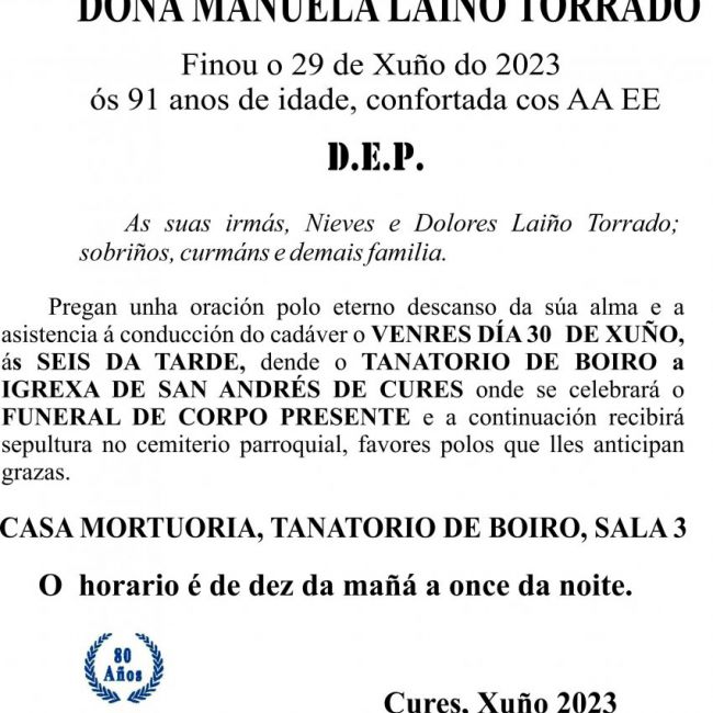 ESQUELA  EN GALEGO 2023 MANUELA LAIÑO TORRADO
