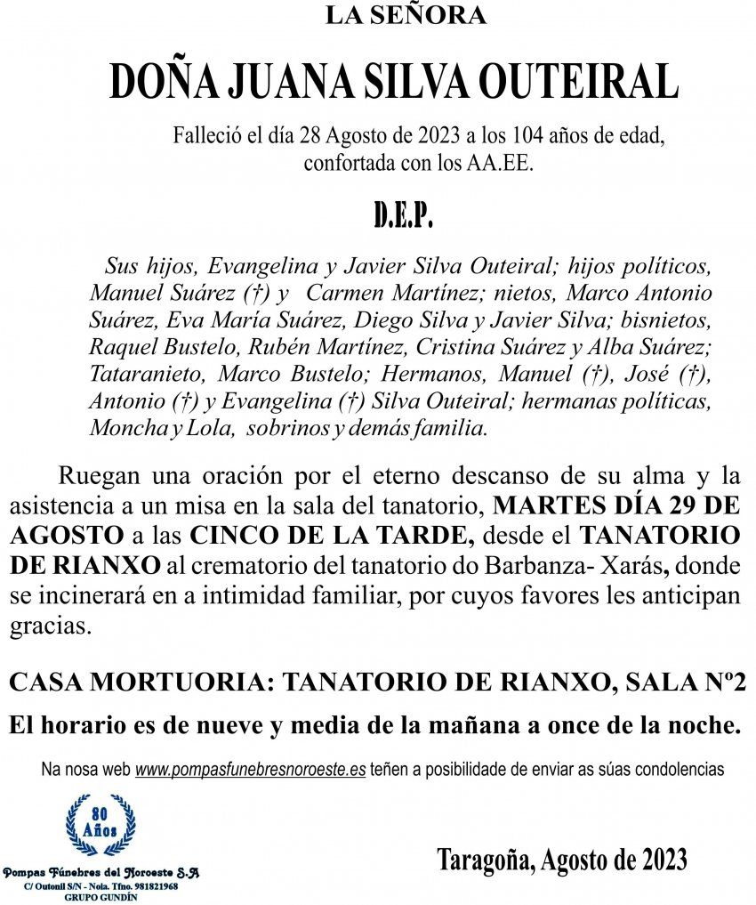 08 23 Esquela,Juana Silva Outeiral