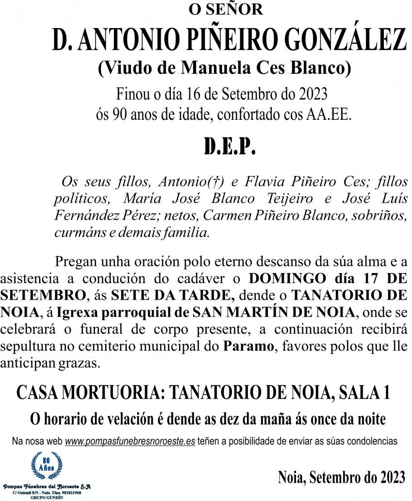 23 09 ESQUELA   Antonio Piñeiro Ces  GALEGO