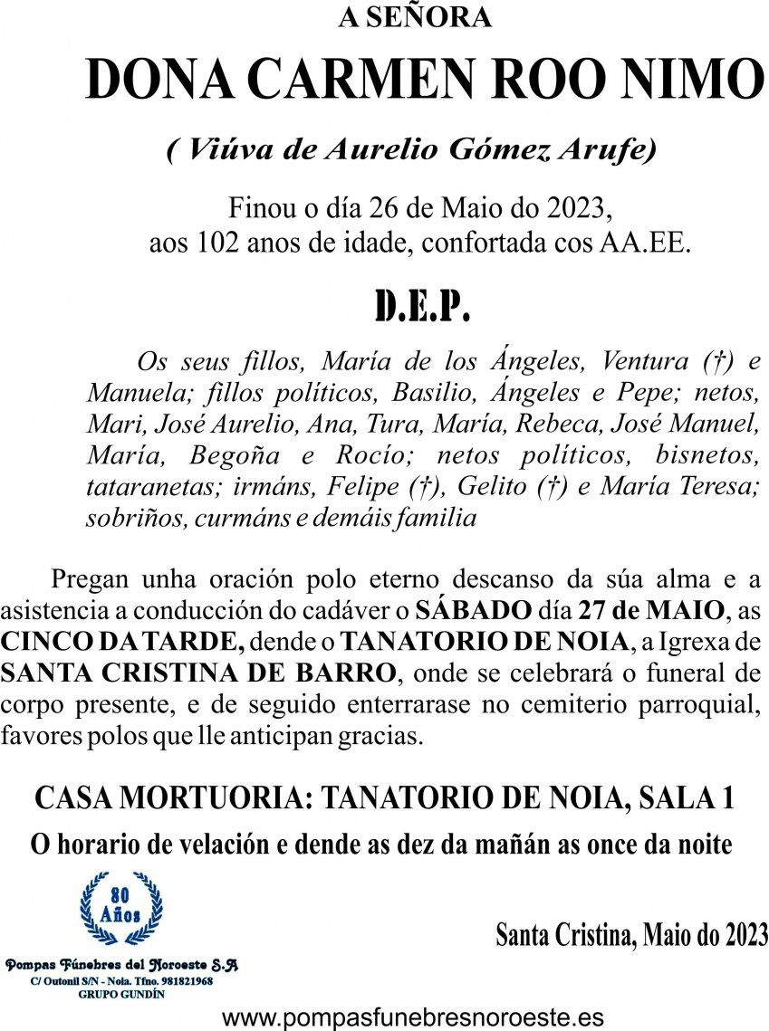 23 05 ESQUELA GALEGO  Carmen Roo Nimo