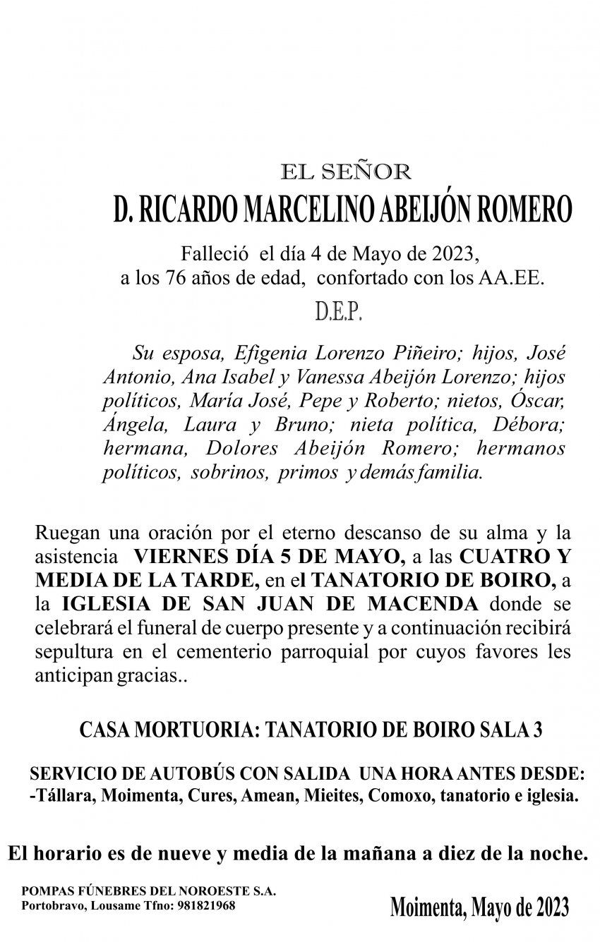 ESQUELA 23,  MOIMENTA   RicardoMarcelino Abeijon Romero