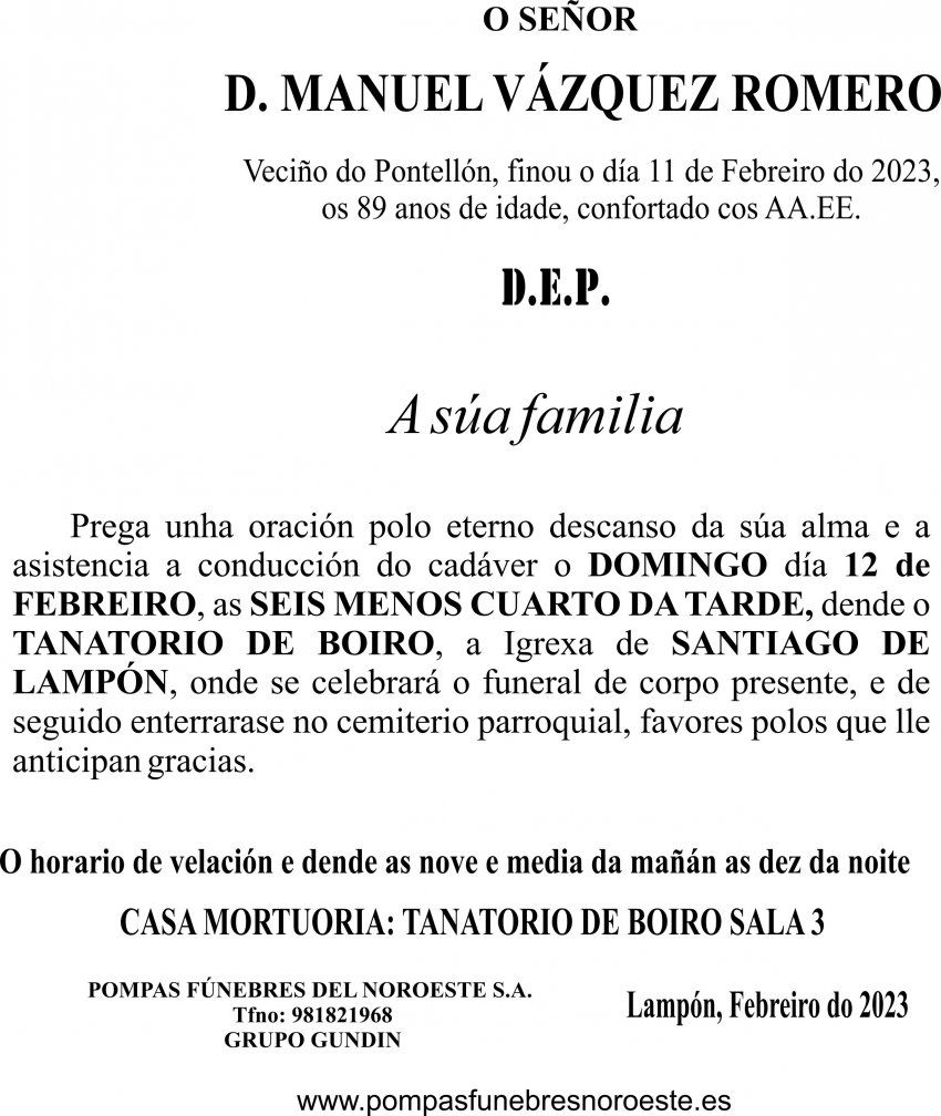 ESQUELA GALEGO  Manuel Vázquez
