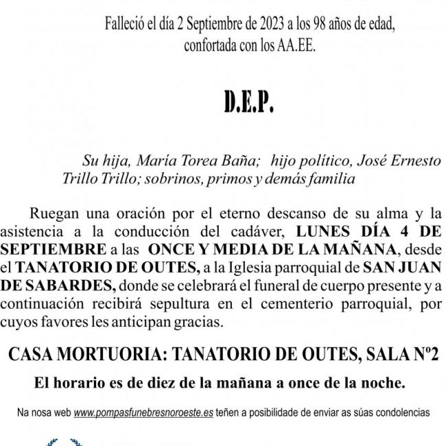 09 23 Esquela Dolores Torea Baña