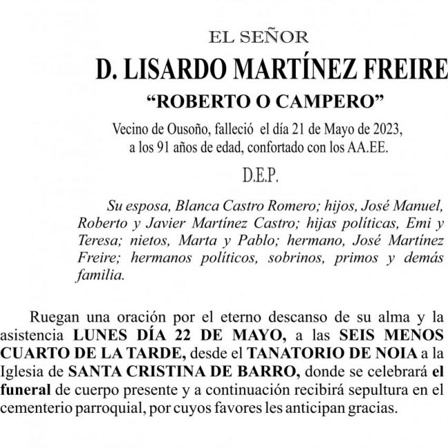 Esquela de Lisardo Martínez Freire