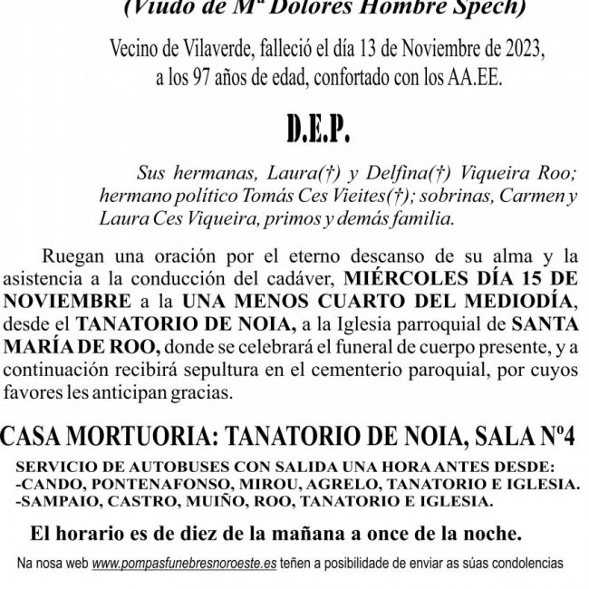 Esquela funeraria ageitos  Ignacio Viqueira Roo