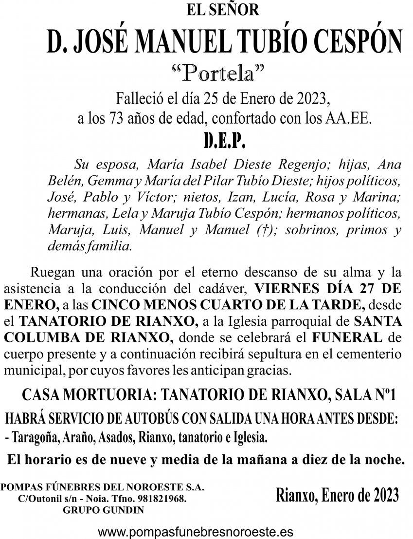 23 01 ESQUELA   José Manuel Tubío Cespón