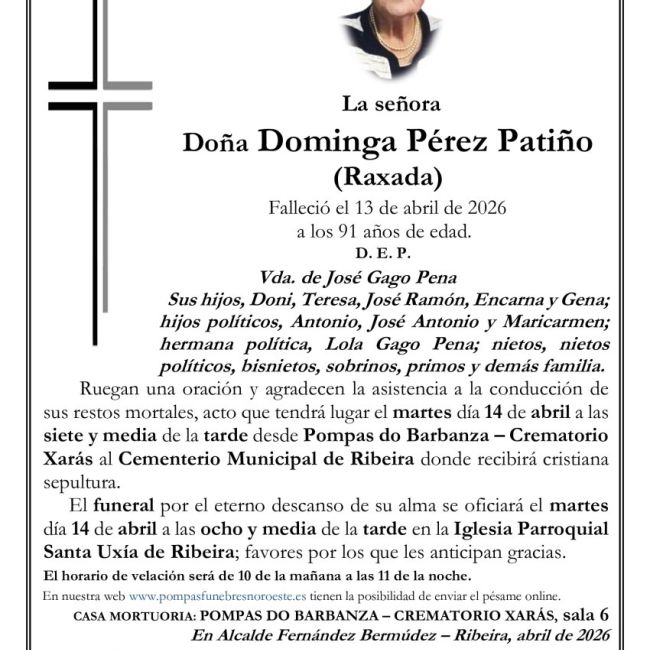 ESQUELA XARas castiñeiras ribeira Dominga Perez patiño