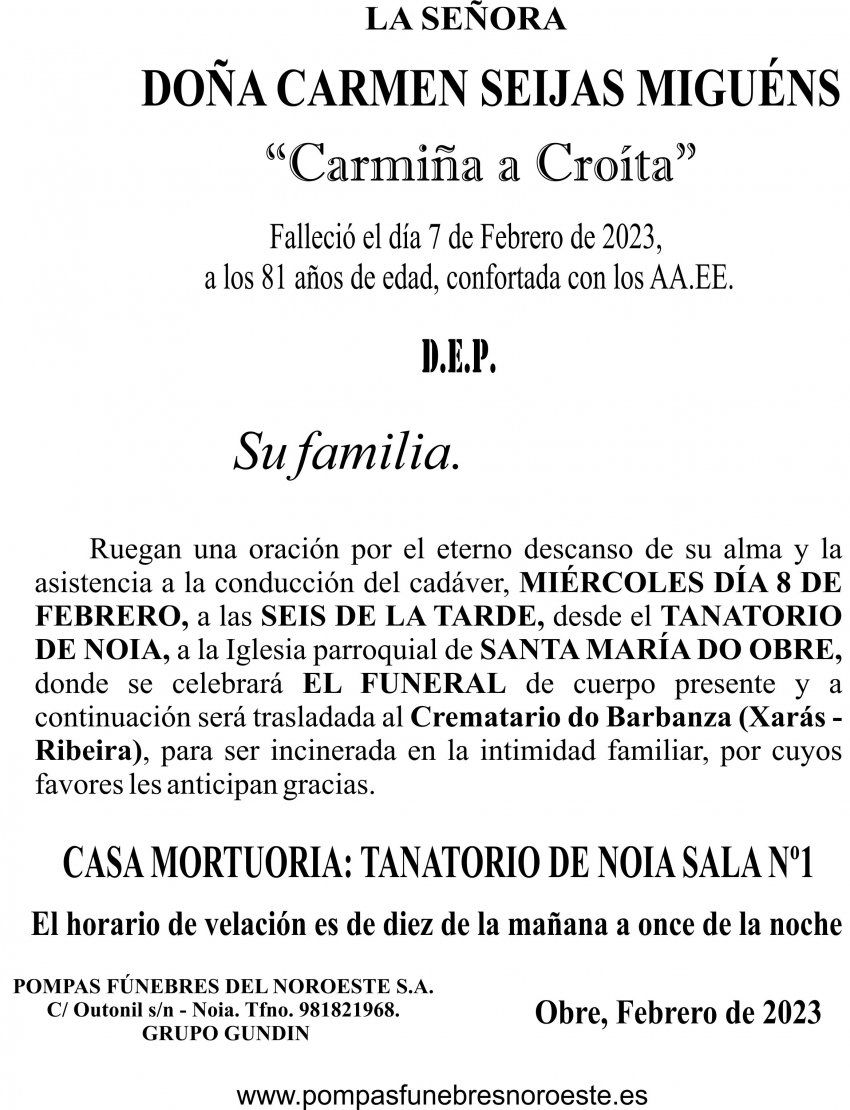 Esquela 2023 Febrero   Carmen Seijas Miguéns (Obre)