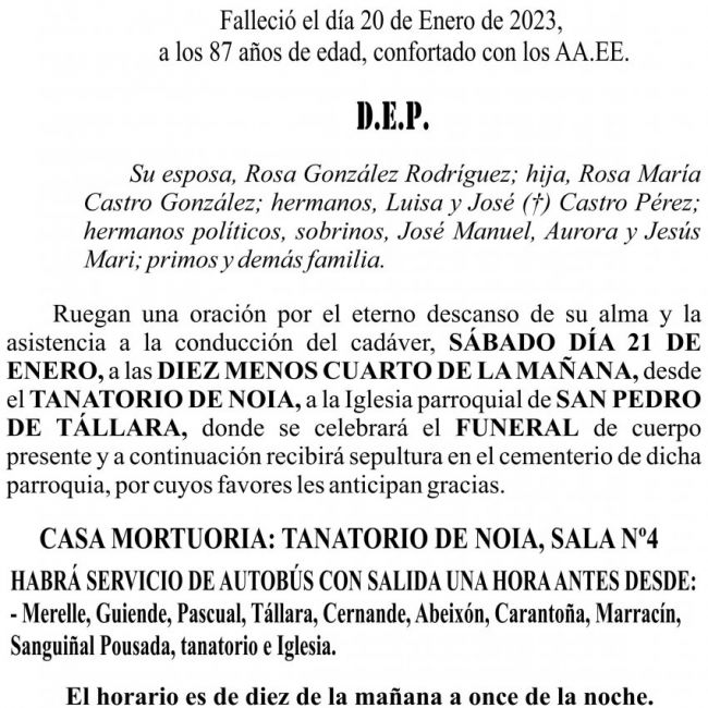 23 01 ESQUELA   Antonio Castro Pérez   Tállara