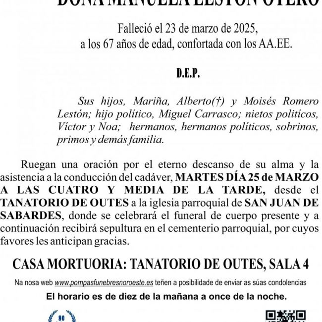 ESQUELA 2025   Doña Manuela Lestón Otero