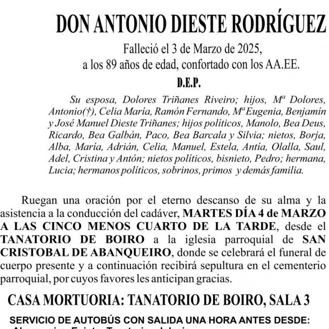 ESQUELA 2025   ANTONIO DIESTE RODRÍGUEZ