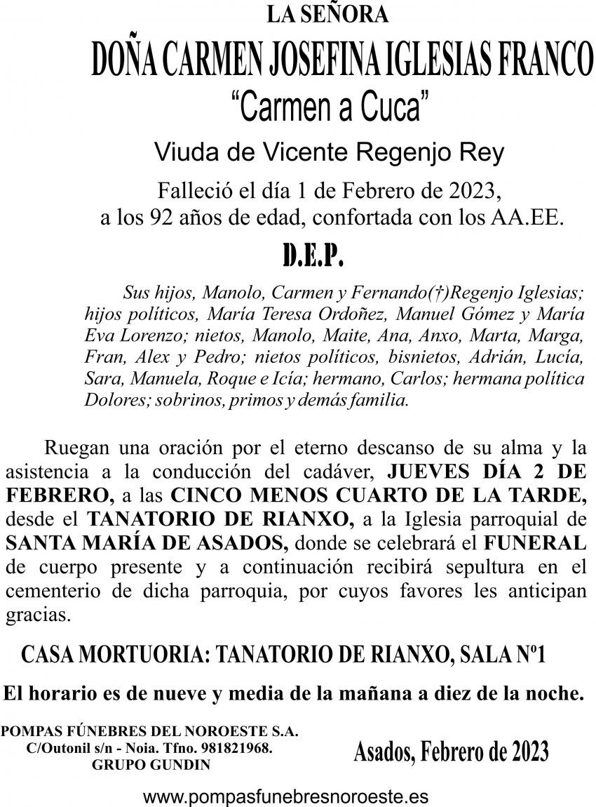 2023 ESQUELA  Carmen Josefina Iglesias Franco