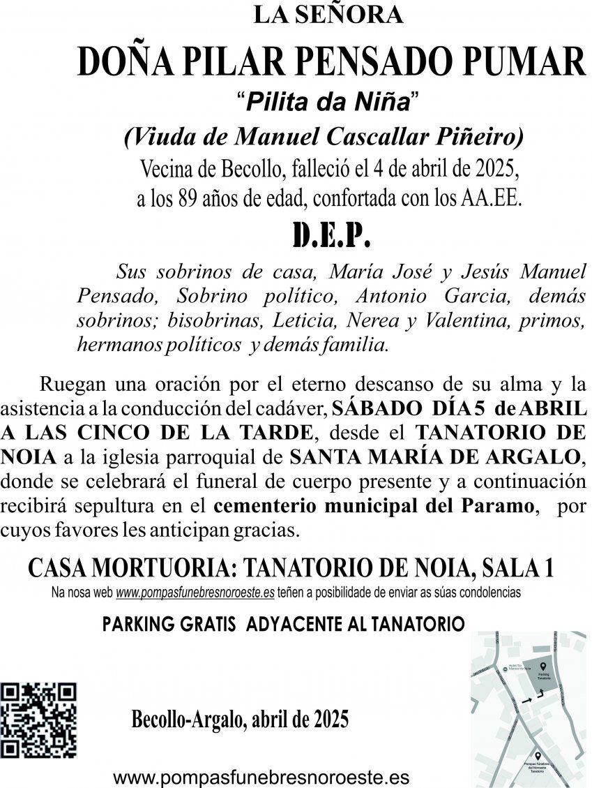 Esquela  2025 Pilar Pensado Pumar