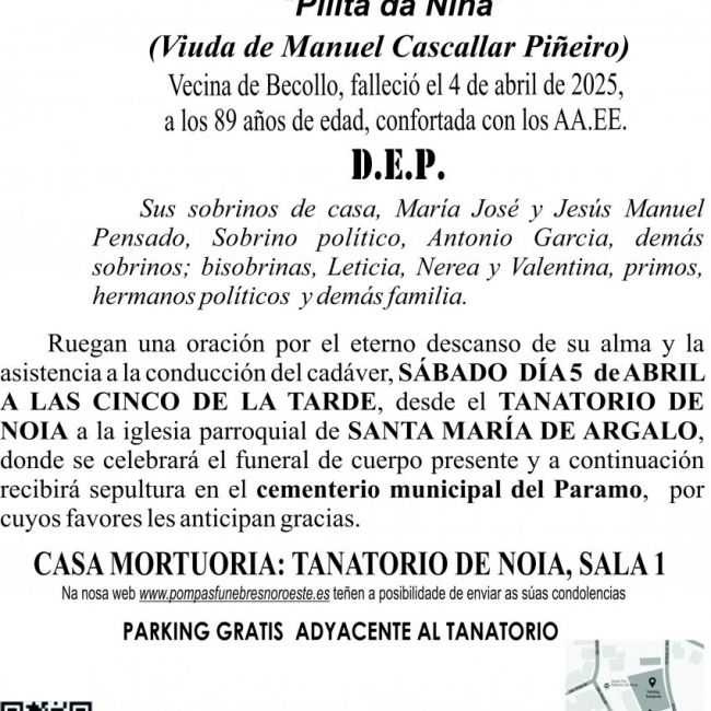 Esquela  2025 Pilar Pensado Pumar