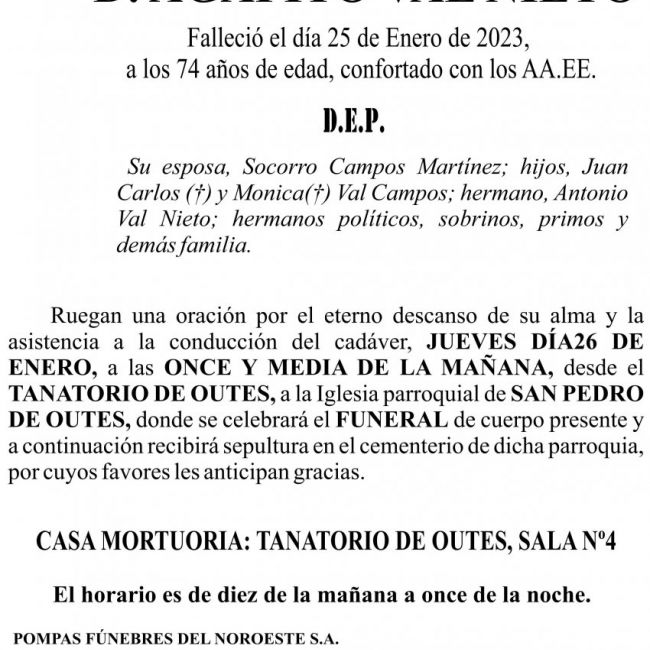 23 01 ESQUELA   Agapito Val Nieto (OUTES)