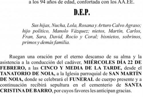 23 02  ESQUELA   Benedicta Agraso Malvárez