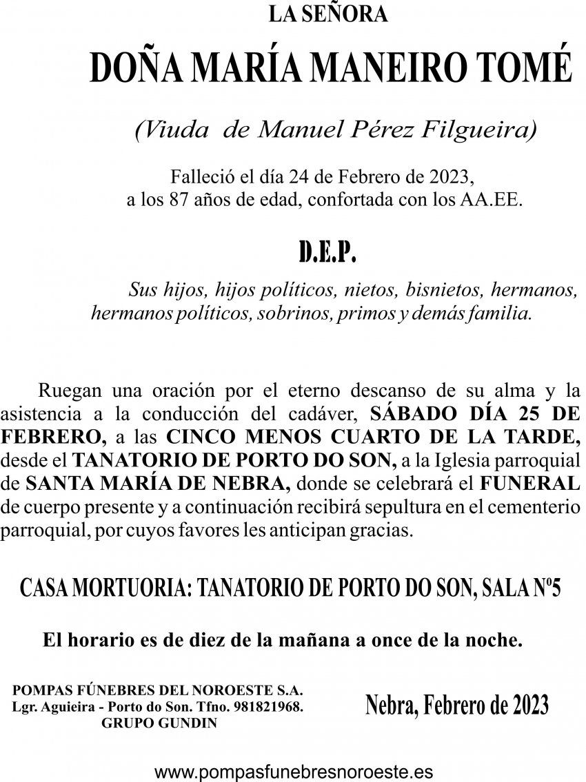 23 02  ESQUELA   María Maneiro Tomé