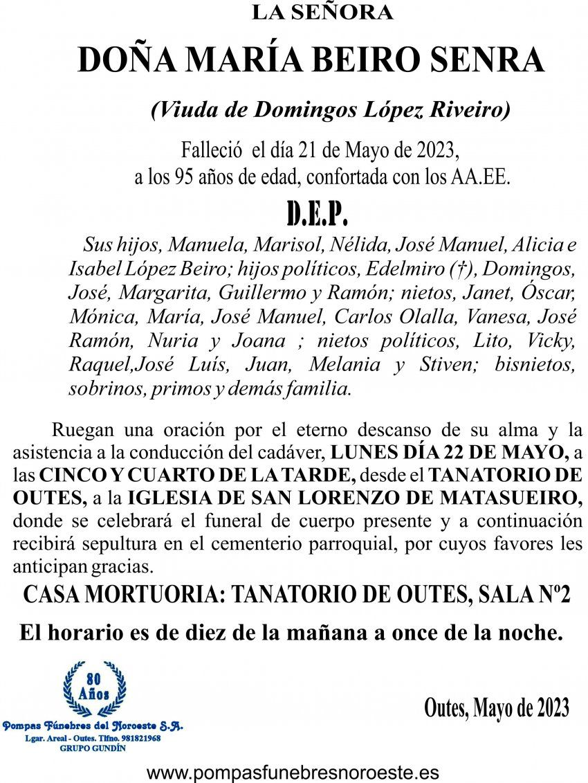 23 05 ESQUELA    MARÍA BEIRO SENRA