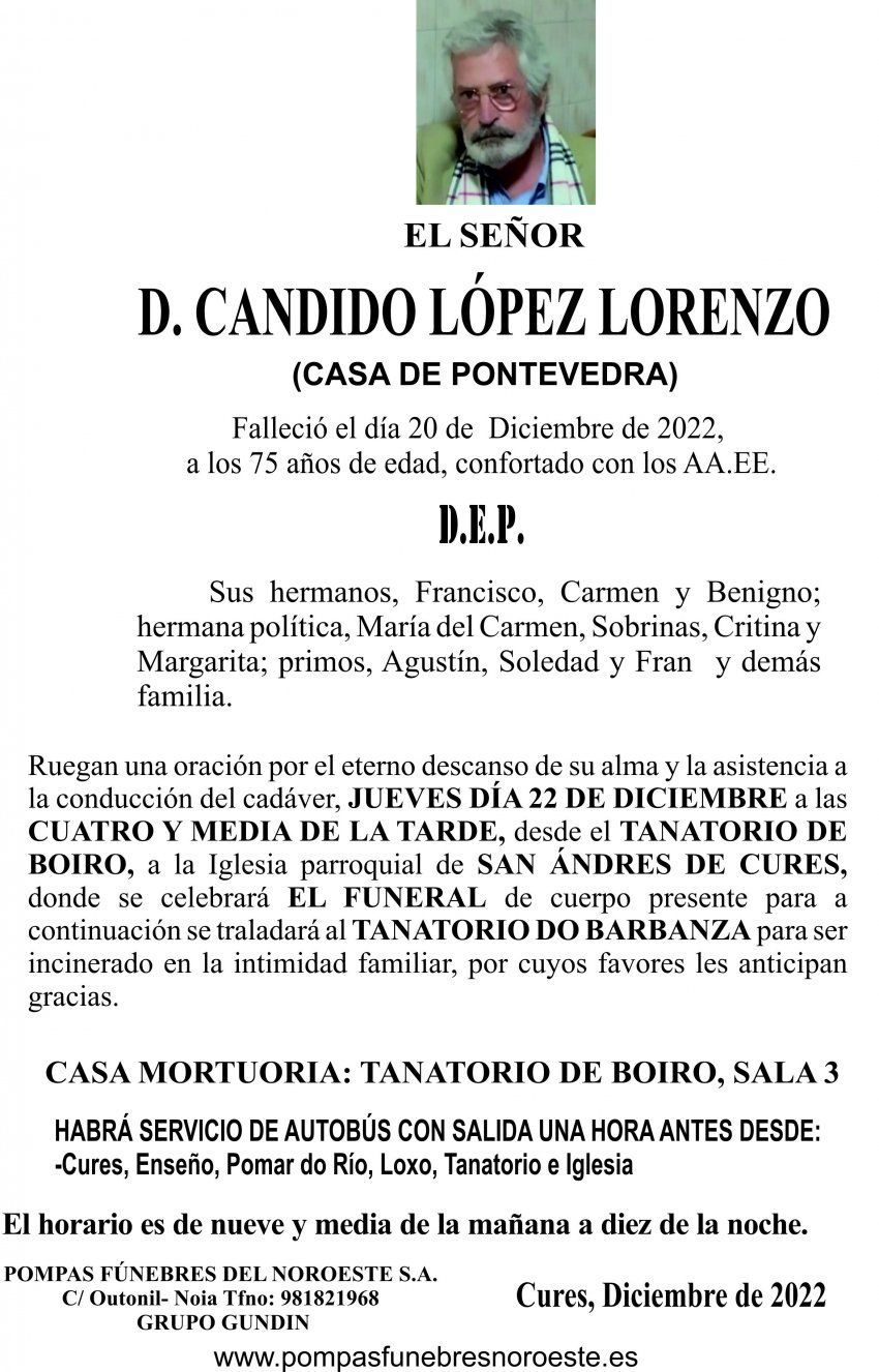ESQUELA   2021 Boiro,Candido López Lorenzo INCINERACIÓN