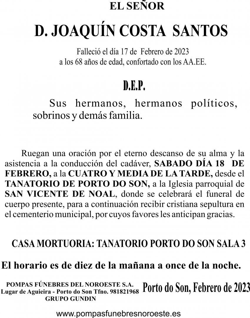 ESQUELA 2022 Porto do Son   Joaquin Costa  Santos