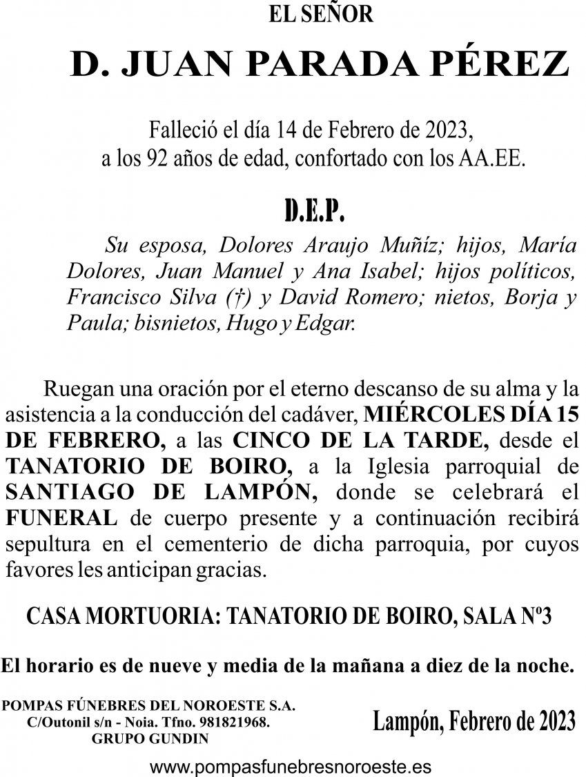 23 01 ESQUELA   Juan Parada Pérez (Lampón)