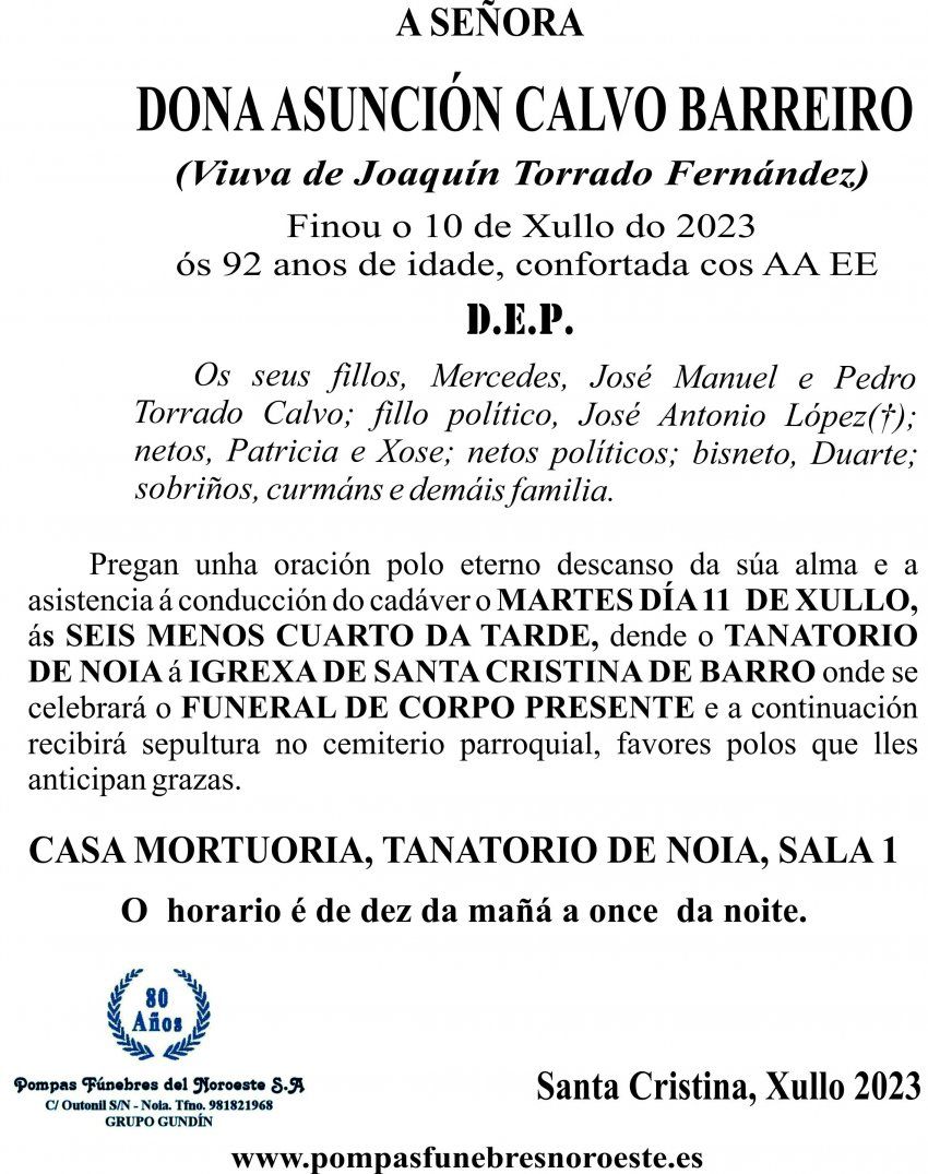 ESQUELA  EN GALEGO 2023 Anunciación Calvo Barreiro