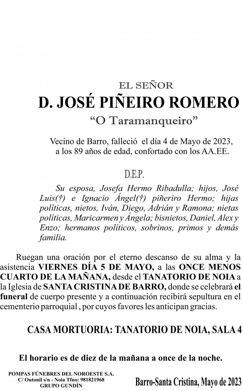ESQUELA 23, José Piñeiro Romero