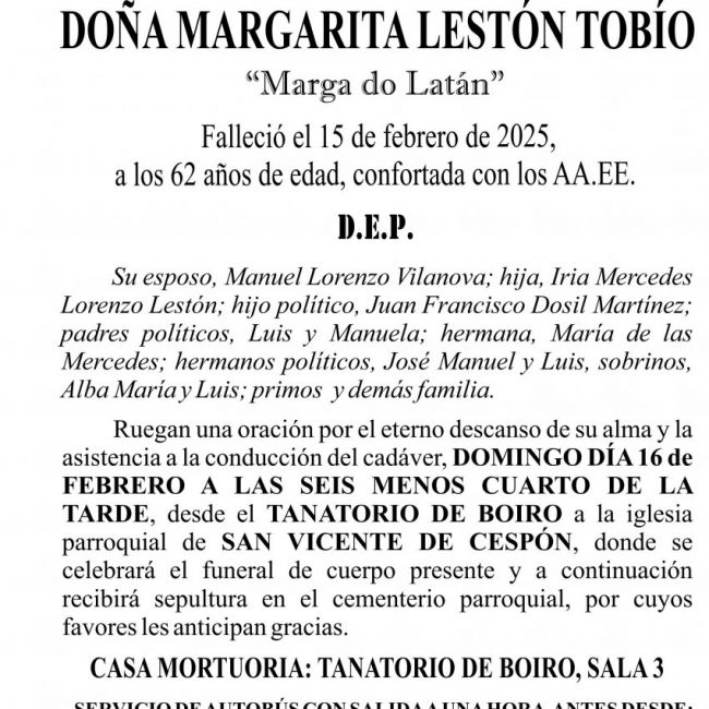 Esquela AZUL 25 Margarita Lestón Tobío