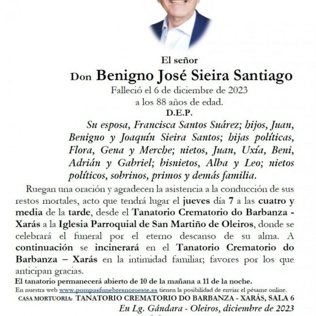 Sieira Santiago, Benigno José con foto