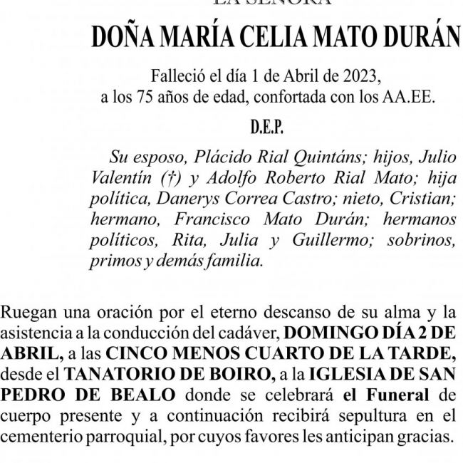 ESQUELA   María Celia Mato Durán