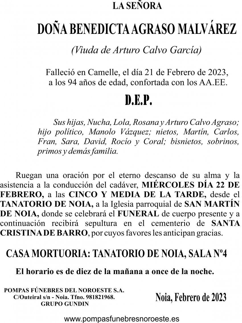 23 02  ESQUELA   Benedicta Agraso Malvárez