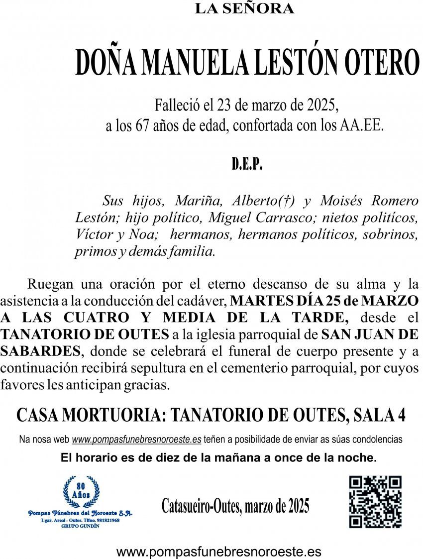 ESQUELA 2025   Doña Manuela Lestón Otero