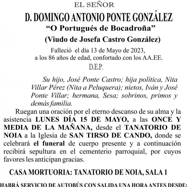 Esquela de Domingo Antonio Ponte González