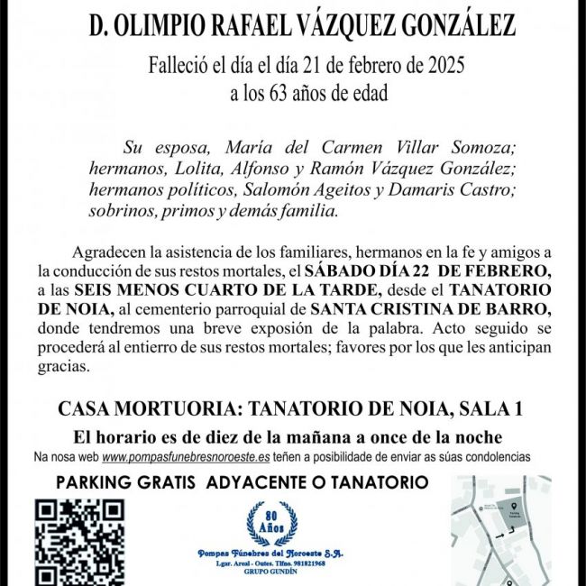 esquela testigo de gehova 2025 Olimpio Rafael Váquez Gónzalez
