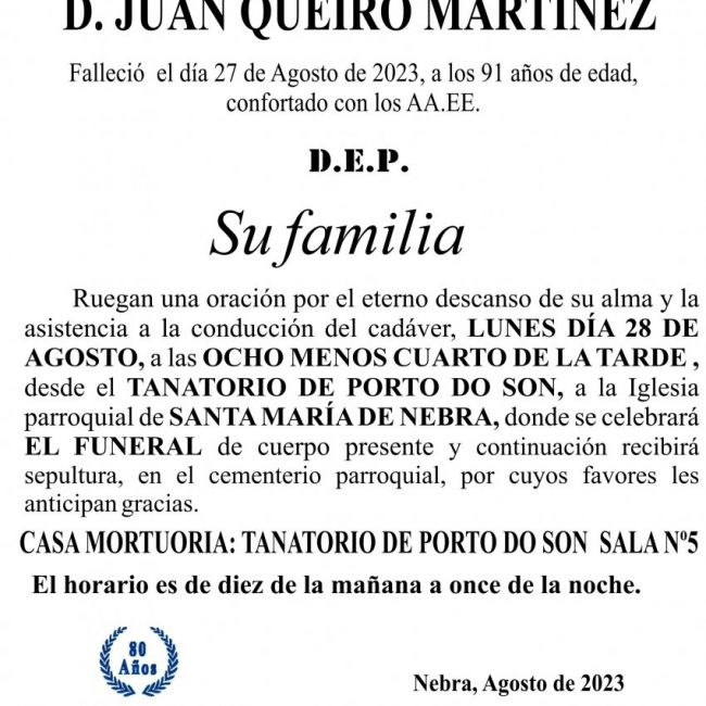 ESQUELA  JUAN QUEIRO MARTÍNEZ
