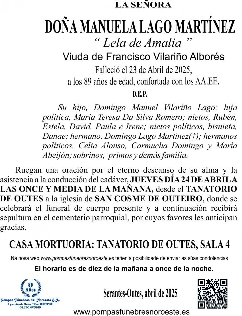ESQUELA 2025  MANUELA LAGO MARTÍNEZ